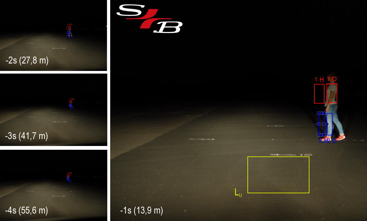 Sicht auf einen hell gekleideten Fußgänger mit Halogen-Scheinwerfern - Darstellung der ausgewerteten Bereiche für die Erkennbarkeit