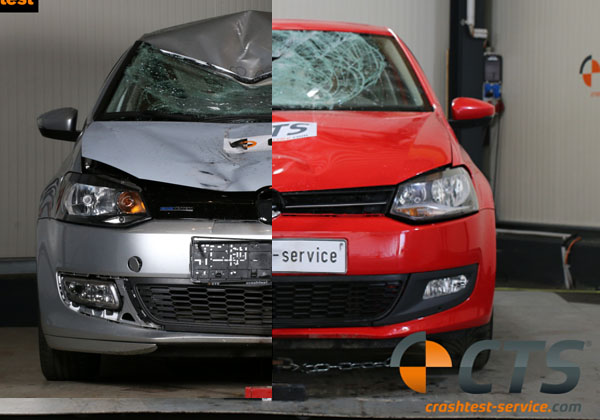 Schadenvergleich: Frontschaden VW Polo bei gleicher Kollisionsgeschwindigkeit von 70 km/h gegen herkömmlichen (links) und biofidelen Dummy (rechts)