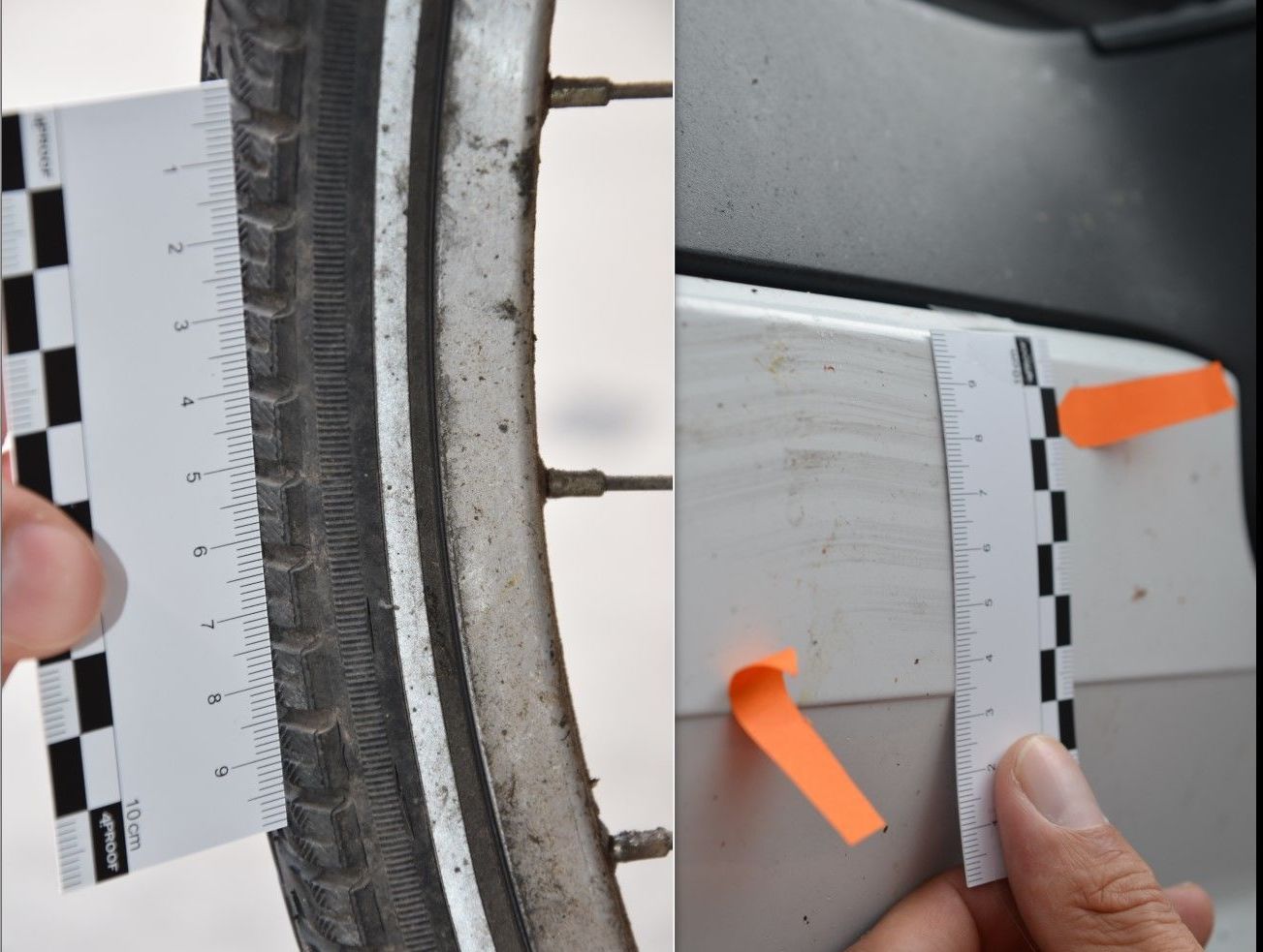 Abgleich des Fahrrad-Reifenprofils mit Kontaktspuren an der Lkw-Front